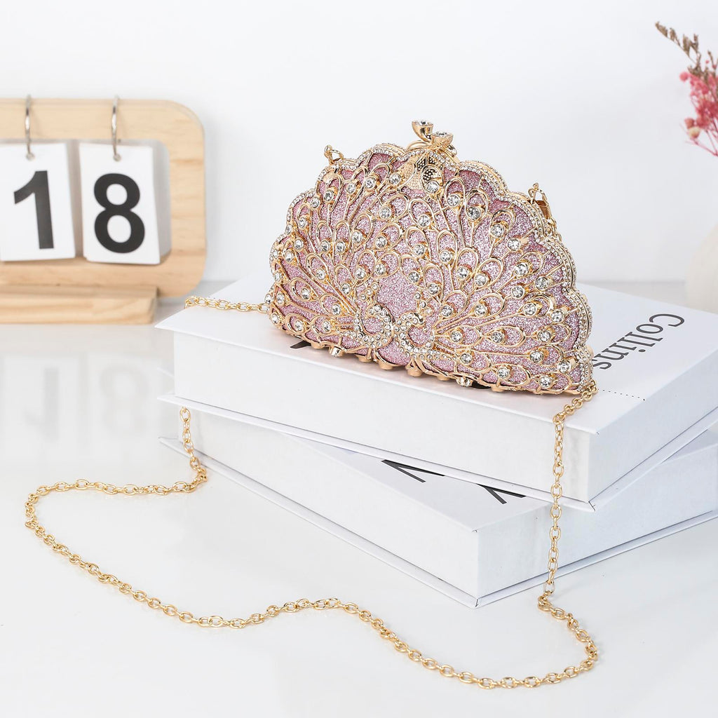 Cozyroomdirect Exotic Peacock Rhinestone Clutch – Luxury Hard-Shell Evening Bag
