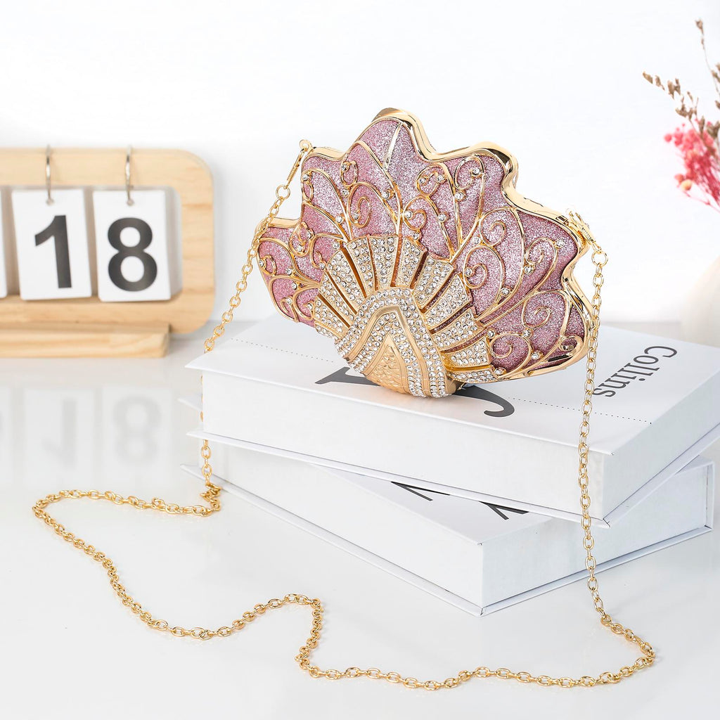 Cozyroomdirect Shell-Shaped Rhinestone Evening Clutch – Luxury Hard-Shell Handbag
