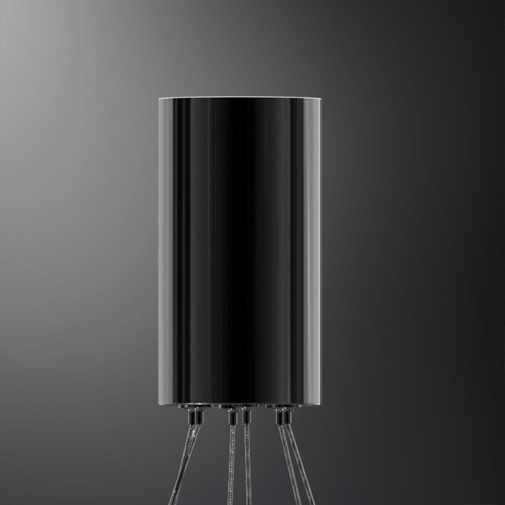 Black cylindrical base of a LED linear chandelier with gold bars, showcasing its unique tripod stand design.