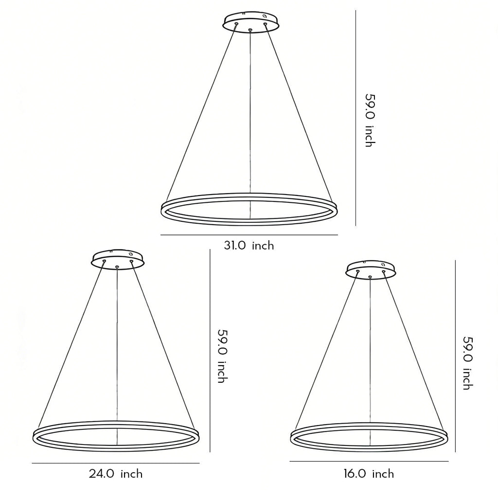 Black LED ring chandelier shown in technical line drawing with dimension measurements.
