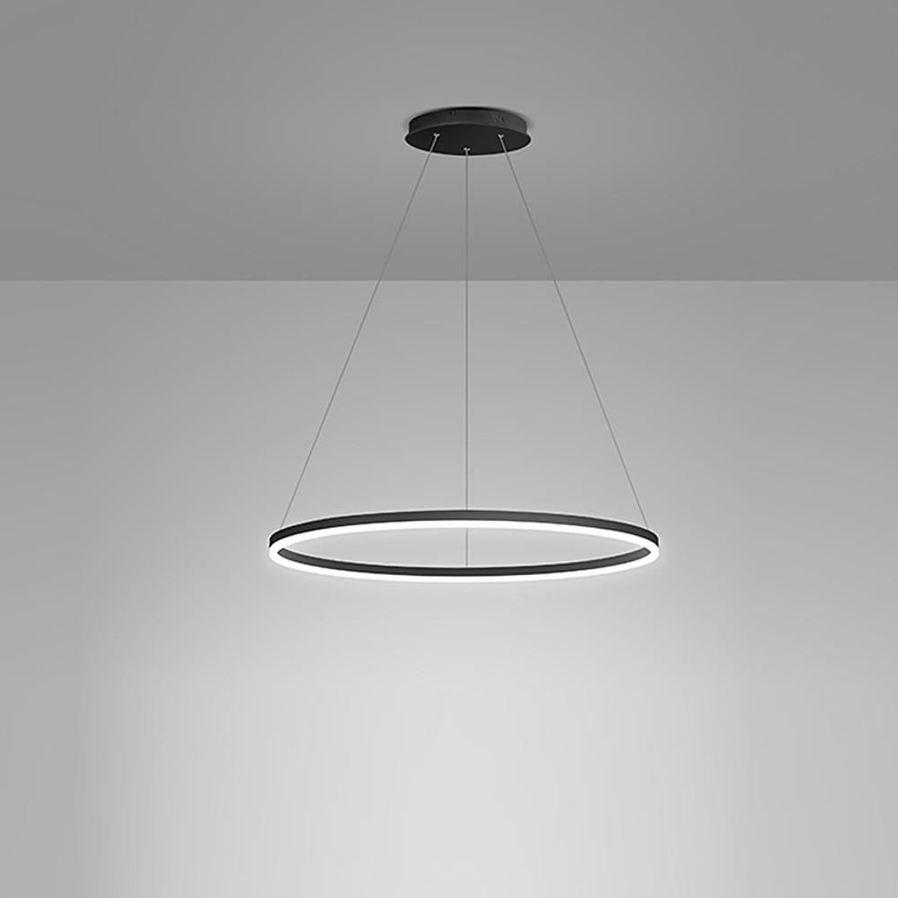 Black LED ring chandelier shown on gray background with slim suspension wires.