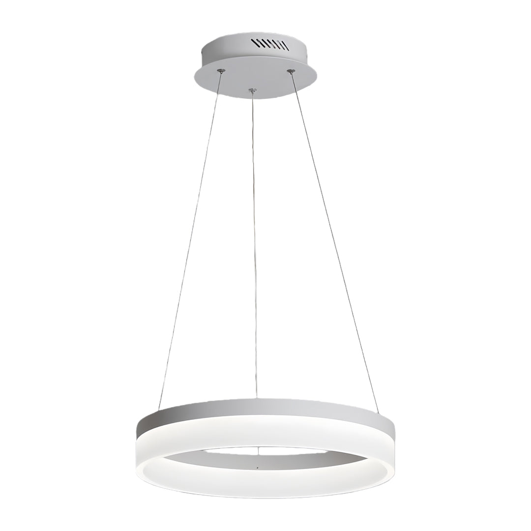 Black ring pendant light displayed at an angle to show thin ring profile and even light output.