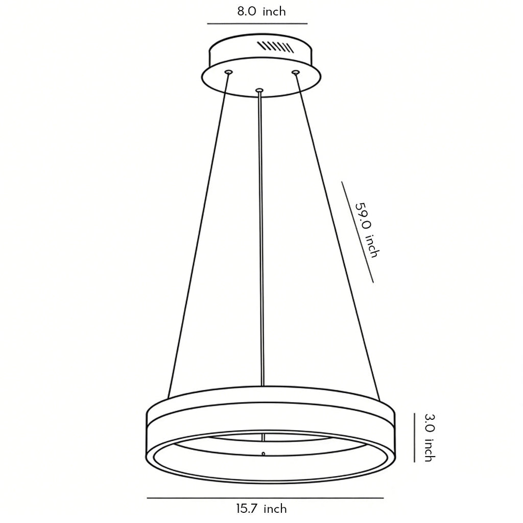 Technical line drawing of black ring pendant light with labeled dimensions and proportions.