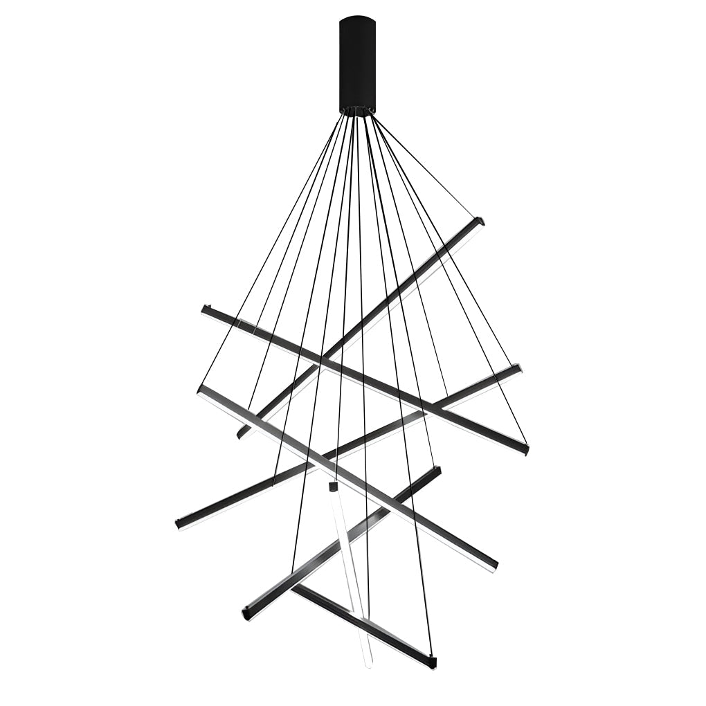 Criss linear chandelier with gold and black finish, showcasing a sleek design for modern interiors.