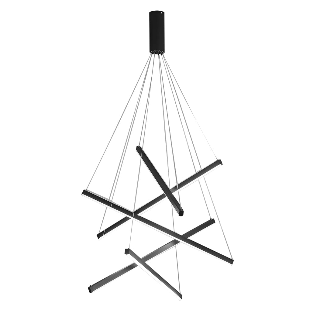 Criss linear chandelier featuring a minimalist design in gold and black, hanging in a modern living space.