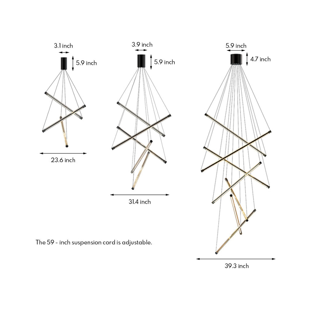 Elegant LED linear chandelier with gold bars and cables, showcasing a layered design for a sophisticated look.