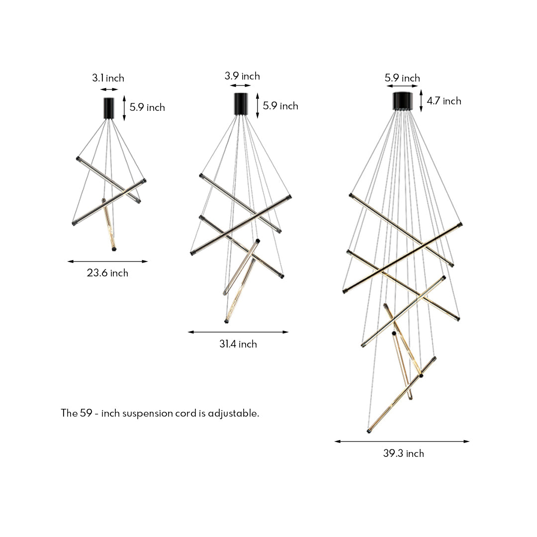 Elegant LED linear chandelier with gold bars and cables, showcasing a layered design for a sophisticated look.