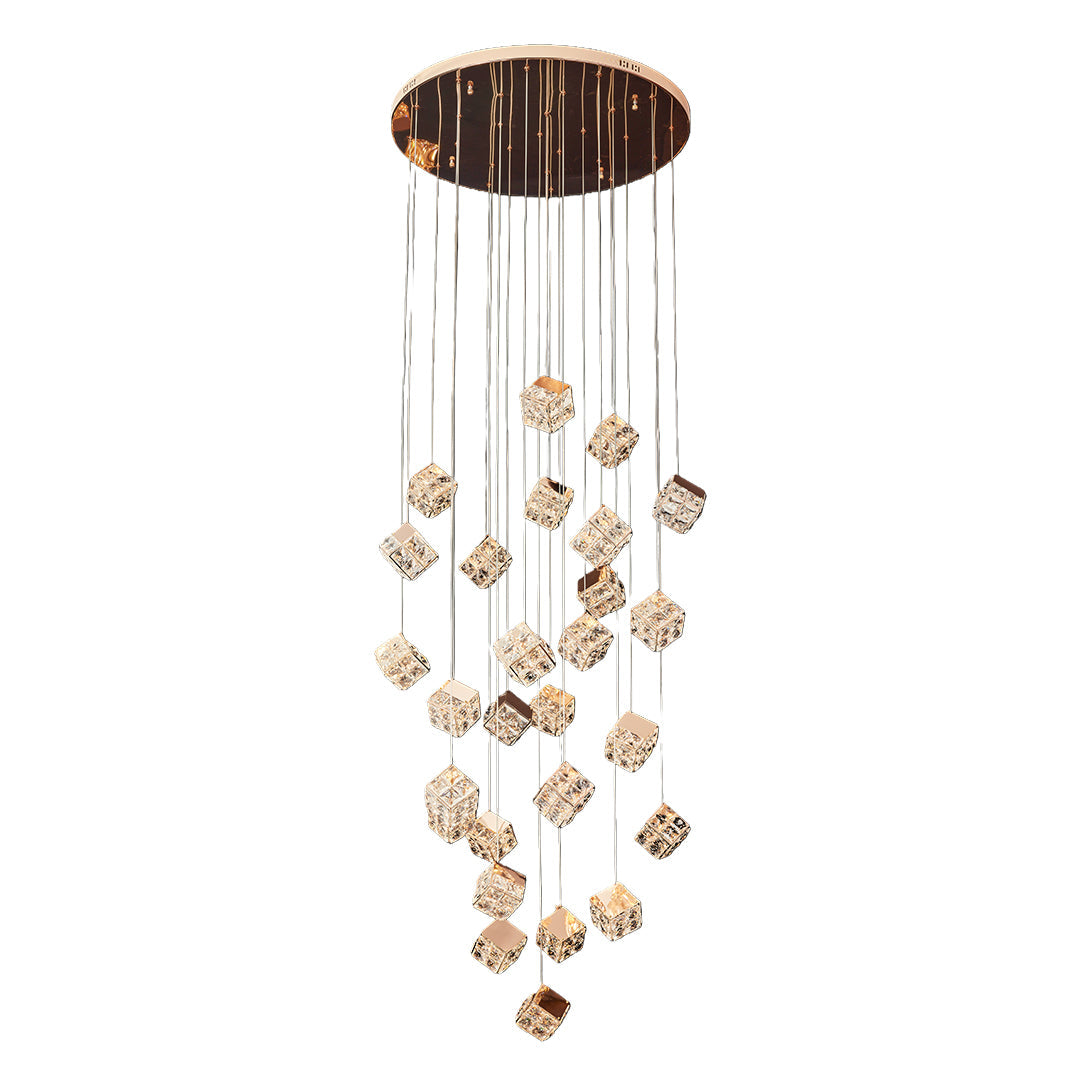 Gold geometric stairs chandelier with multiple hanging crystal pendants.