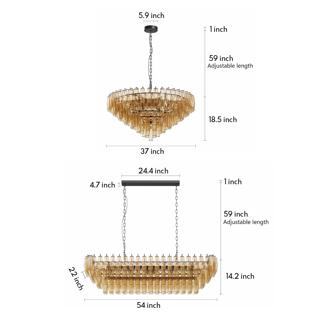 Luxury gold glass pendant chandelier design diagram showing dimensions and structure details.