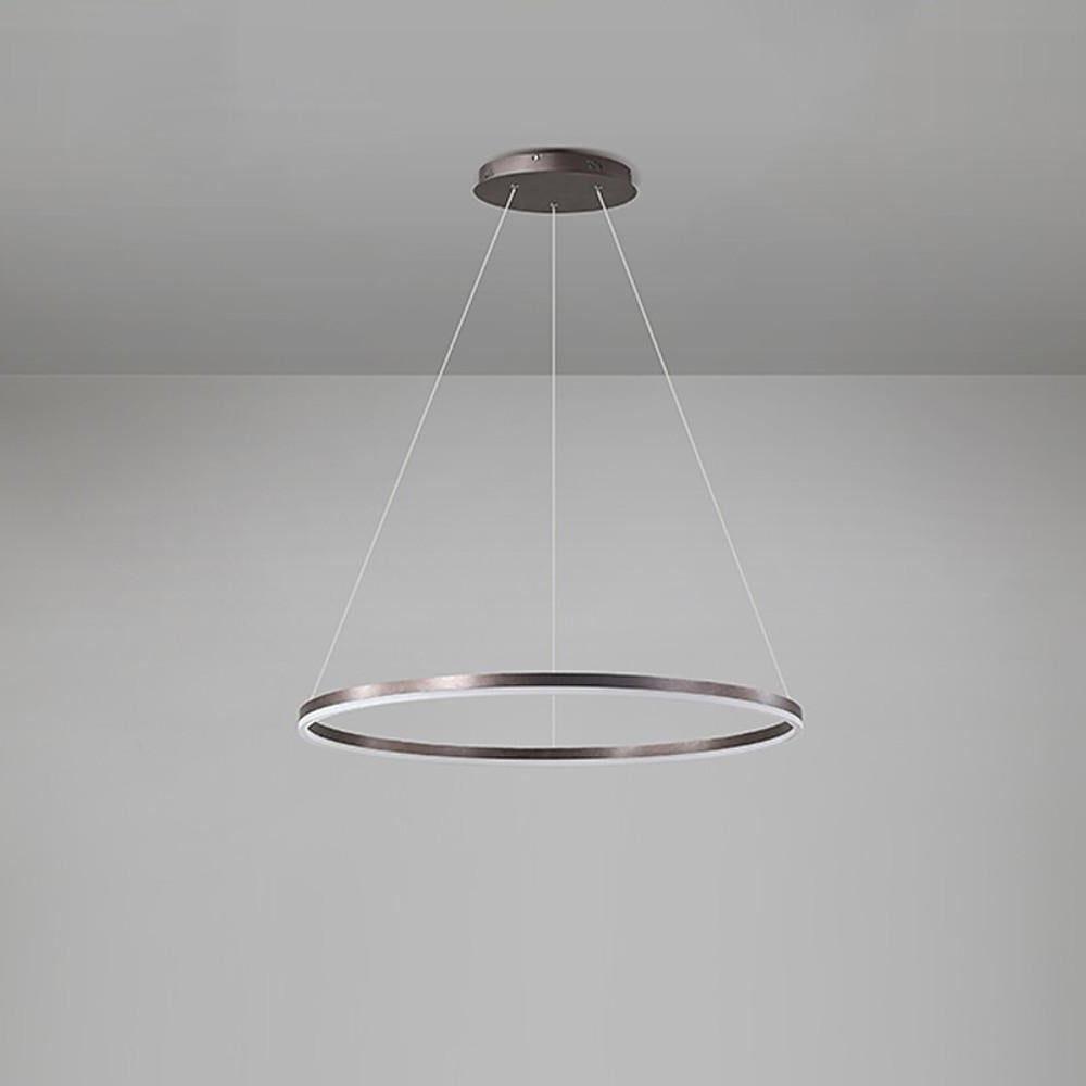 Grey LED ring chandelier isolated against gray background showing premium metallic finish.