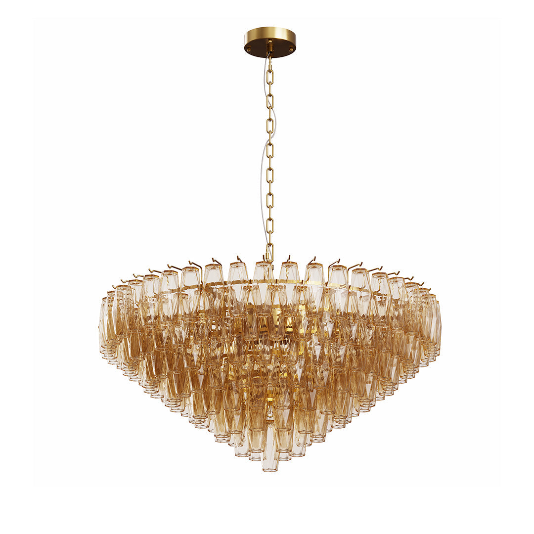 Elegant inverted pyramid glass pendant chandelier with warm golden crystal reflections.