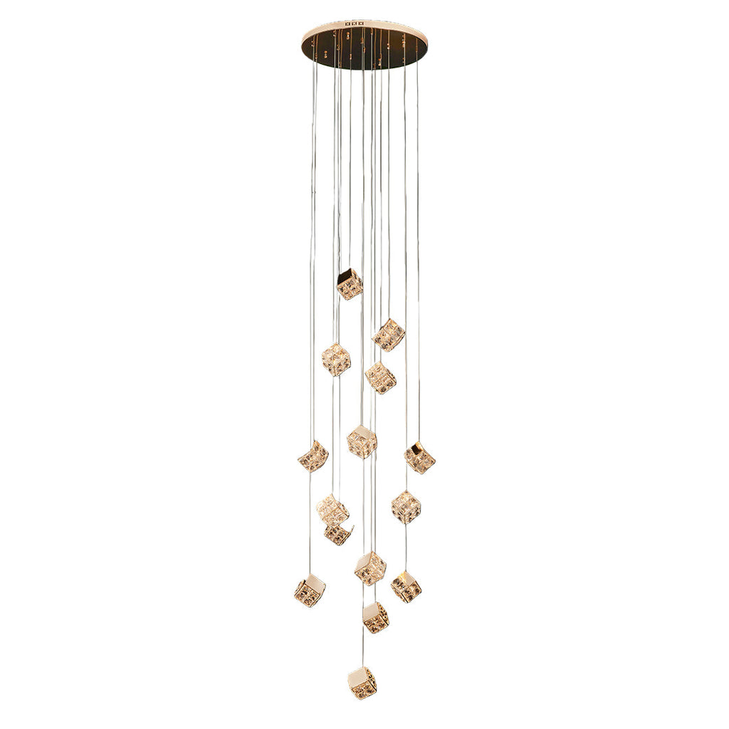 Luxury crystal stairs chandelier with cascading cube design.