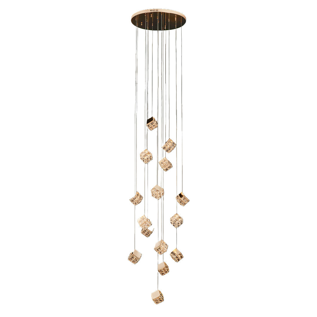 Luxury crystal stairs chandelier with cascading cube design.