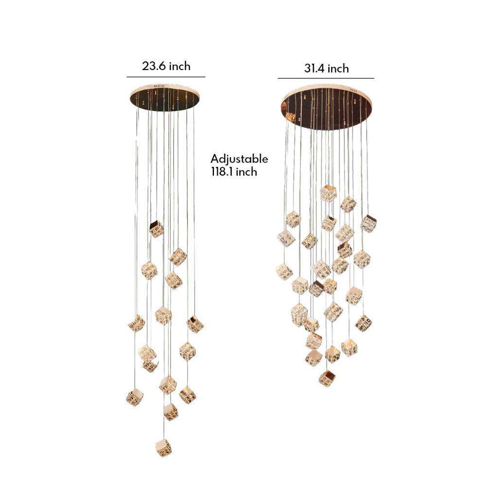 Modern crystal stairs chandelier dimensions showing height and layout details.
