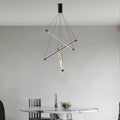 Minimalist LED linear chandelier with three intersecting gold bars and hanging thin cables in a modern dining room.
